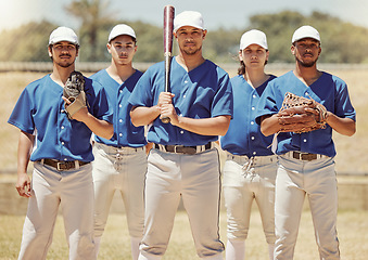 Image showing Sports, team and baseball portrait by sport people standing in power, support and fitness training on baseball field. Softball, diversity and inclusive team sport by united group ready for challenge