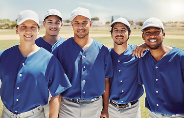 Image showing Baseball, team and portrait on baseball field with sports people standing in support of training, fitness and vision. Diversity, softball and softball player group relax before workout practice