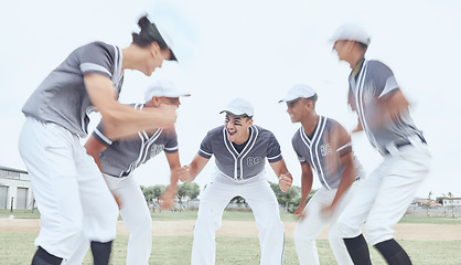 Image showing Coaching, success and sports with team for baseball on field for training, support and motivation for games competition. Fitness, exercise and workout with happy athlete and excited for celebration