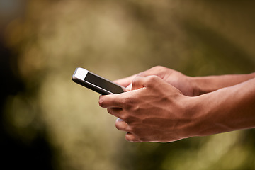 Image showing Man hands, park and typing phone on mobile app, social media and digital iot connection outdoors. Closeup smartphone internet website, social network communication and 5g cellphone technology online