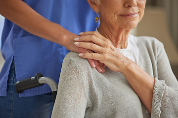 Image showing Hand, nurse and elderly woman patient with disability holding hands homecare worker for empathy, kindness and healthcare support. Caregiver, volunteer and trust help for senior woman in wheelchair