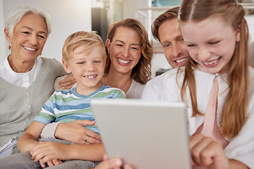 Image showing Big family, children and tablet for elearning, online education and learning website on home sofa with parents and grandparents. Happy women and man with kids for internet game or video call