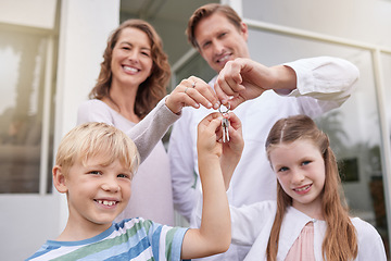 Image showing Real estate, property and people with keys of family home, house or building while relax, happy and smile. Love, happiness and new homeowner portrait of mother, father and children moving in