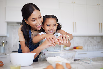 Image showing Kitchen cooking, mother and learning kid baking, happy and help prepare egg, flour or food ingredients. Mamas Love, black family fun or woman bond with youth girl, child development support and care