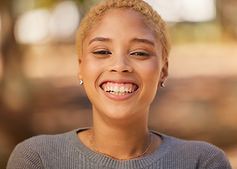 Image showing Happy, park and face portrait of black woman in nature, forest or garden for mindset peace, calm and outdoor freedom. Beauty smile, happiness and gen z student girl on holiday vacation for wellness