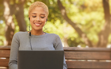 Image showing Woman, music earphones or laptop in park, nature environment or London city garden. Smile, happy or relax student on technology in distance learning education, zoom video call or campus college break