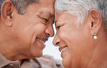 Image showing Love, family and face of elderly couple embracing, relax and smiling while bonding and sharing a romantic moment. Trust, support and elderly couple hug, commitment and understanding in their home