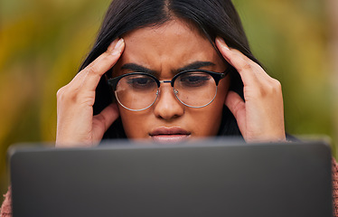 Image showing Work, stress and burnout, woman in glasses at computer reading spam email, glitch or 404 error. Girl from Mexico frustrated, work on tax compliance and doubt or problem on startup audit report online