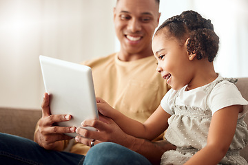 Image showing Children, tablet and family with a girl and father watching movies online together in the home. Kids, technology and entertainment with a man and daughter streaming a subscription service in a house