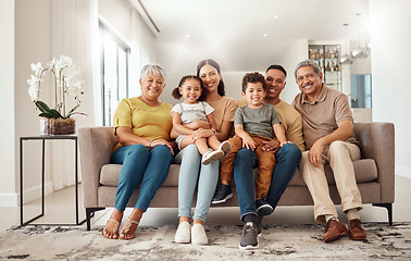 Image showing Family, children and bonding with a girl, boy and parents together in the home of their grandparents for a visit. Kids, love and happy with a big family spending time in the living room of a house