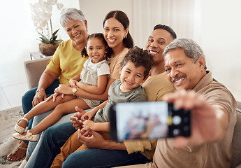 Image showing Selfie, family and phone with a senior man taking a photograph with his relatives during a visit in their home. Love, retirement and technology with an elderly male posing for a picture in the house