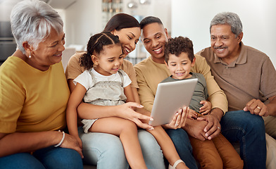 Image showing Technology, children and family with tablet on home sofa for elearning, online education and internet game with men and women. Happy grandparents, mom and dad help kids read ebook on learning website