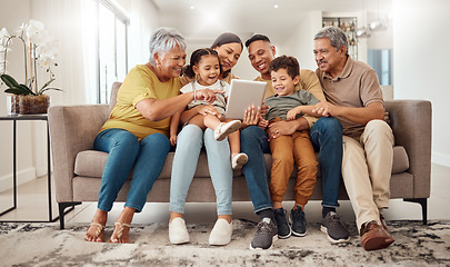 Image showing Family, children and tablet on home sofa for elearning, online education and digital teaching software website. Happy grandparents, mom and dad or women and men help kids with ebook or internet game