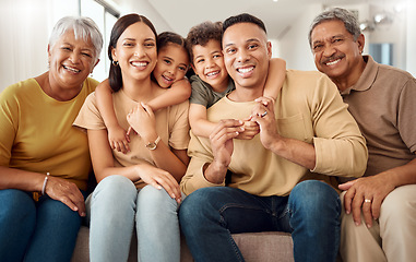 Image showing House, portrait and happy big family love enjoying quality time, gathering and having fun bonding in Colombia. Mother, father and elderly grandparents relaxing on a sofa with young children siblings