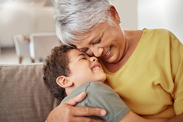 Image showing Happy family, child and grandma hug and bond in living room together, happy and content in their home. Relax, smile and love of boy hugging senior woman showing love and having fun in brazil house