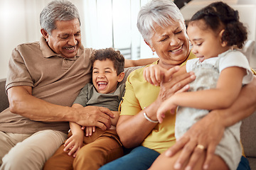 Image showing Love, happy family and grandparents with funny kids at home for babysitting, care and bonding in retirement. Grandmother, grandpa and children or siblings having fun, laughing in a weekend in Brazil