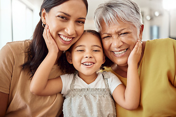 Image showing Children, family and generations with a girl, mother and grandmother together in their home during a visit. Kids, portrait and love with a senior woman, daughter and granddaughter bonding in a house