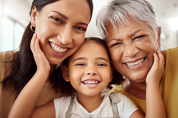 Image showing Happy mom with child, grandmother smile for portrait and young girls family in Mexico home together. Senior woman generation with elderly face, international womens day and mothers day love