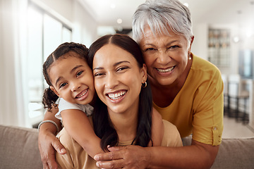 Image showing Child, mother and grandmother portrait while at home on sofa with smile, love and support sharing hug for generation of senior, woman and child. Portrait of brazil girls happy on mothers day together