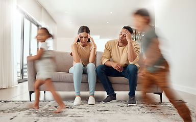 Image showing Headache, noise and stress with family in living room and parents overwhelmed by adhd kids energy. Tired, burnout and man, woman and hyper active children running in house, having fun or playing game