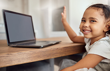 Image showing Education, online learning and girl with question on laptop, webinar or online class. Distance learning, mock up and happy student, kid or child with answer at desk studying alone in house mockup.