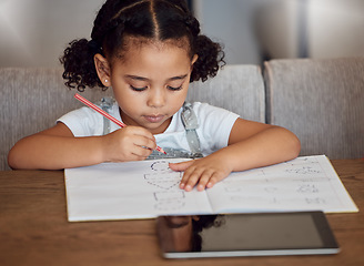 Image showing Education, homework and child writing in notebook for preschool e learning, shape study or homeschool. Student youth kid, knowledge and young black girl studying, working and drawing with pencil