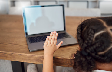 Image showing Hand, laptop and education with a student girl asking a question during an online class for learning and development. Kids, student and study with a female child gesturing a wave while e-learning