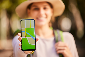 Image showing Woman, hand and phone screen, gps or directions on holiday, vacation or trip. Tourist, travel and female from Canada on mobile, traveling or map apps, lost or looking for help with internet maps