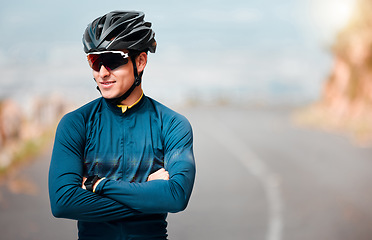 Image showing Cycling, cyclist or sports man, arms crossed and ready to cycle, ride or exercise on road. Health, wellness and happy male athlete from Canada preparing for workout, fitness or training outdoors.