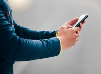 Image showing Workout, hands and man typing on smartphone outside, checking GPS with 5g internet connection. Communication, technology and smartphone, writing a message on mobile or tracking fitness app online.