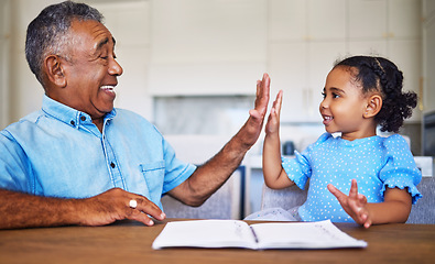 Image showing High five, child learning and black family grandfather support, helping or care for home education or language development motivation. Elderly man teaching girl kid and goal target success hand sign