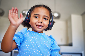 Image showing Children, school and video call with a girl wave on an internet chat, waving while using a headset for communication. Kids, education and waving with a female child online for distance learning