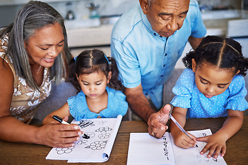 Image showing Children, education and homework with a girl, sister and grandparents learning or studying at home for growth and development. Family, help and care with a senior man and woman helping the grandkids