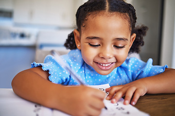 Image showing Homework, drawing and child writing in a notebook for education, learning and knowledge in her house. Happy, smile and studying girl being creative in a book for school work at a table in her home