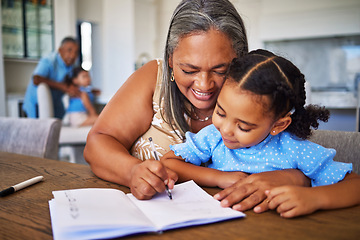 Image showing Learning, writing and notebook with grandma and girl for education, study and family help with homework. Care, love and idea with child and old woman and book for teaching, student and remote work