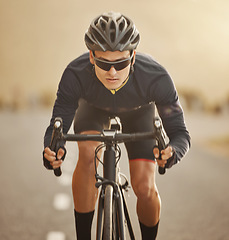 Image showing Bike, portrait and man cycling on road, exercise or workout on street outdoor. Health, fitness and male cyclist from Canada riding bicycle on asphalt, pavement or highway training for competition.