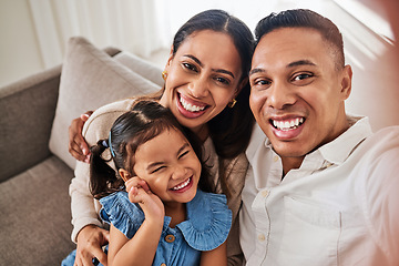 Image showing Happy, family and portrait smile for selfie relaxing in quality bonding time together on living room sofa at home. Mother, father and child smiling in joyful happiness for photo fun, love and care