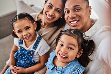 Image showing Smile, selfie and portrait of a happy family that love enjoy quality time, relaxing and bonding together in a house. Mother, father and girl children siblings smiling for pictures at home in Lisbon