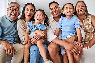 Image showing Happy, big family and portrait smile for relationship happiness in quality bonding time together at home. Parents, grandparents and kids smiling for relaxing holiday break or free time at the house