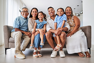 Image showing Relax, happy and portrait of big family on sofa for smile, relationship and growth together. Love, care and generations in living room with parents, grandparents and children lounge together