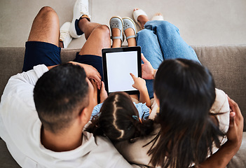 Image showing Blank family tablet, child and green screen with mockup of kids app watching on a home sofa. Kid online education, internet and web scroll of a girl, mother and dad watching online content together