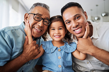 Image showing Photo, happy and family in their house to relax together in the living room on the sofa. Face portrait of a young girl with her grandfather and father with love, happiness and smile in the lounge