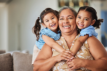 Image showing Relax, smile and grandma with children on sofa for family, happy and love together. Retirement, hug and wellness with portrait of old woman and kids in living room for lifestyle, mothers day and care