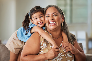 Image showing Portrait, child and happy grandma love family bonding moments, memories and having fun in the house. Smile, happiness and proud grandmother enjoys quality time and relaxing on a weekend in Jerusalem