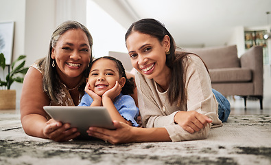 Image showing Women, kid tablet and family home of black mother, girl and grandmother happy with online education. Digital, internet kids video streaming and technology games of a children app with a smile