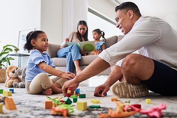 Image showing Learning, education and family play with blocks with father and creative daughter playing together in living room. Childhood, development or parent, mother or mom reading story book to girl on sofa