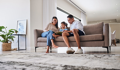 Image showing Story, book and reading family in living room home for child education, home learning and language development together on sofa. Mother, father and kid teaching creative literature for kindergarten