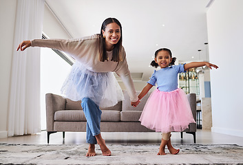 Image showing Ballet, mother and girl child in a home living room with happy quality time and mama love. Dance, dancing learning and dancer growth of a mom and kid with happiness, smile and creative fun activity