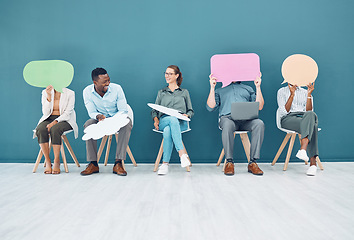 Image showing People with speech bubble, social media mockup space and sitting on chairs for digital marketing interview with hr. We are hiring advertising team, employee recruitment feedback and group talking