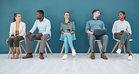 Image showing Technology, waiting room and business people with internet networking for job opportunity, online career application or website information. Diversity group on laptop or phone for recruitment hiring